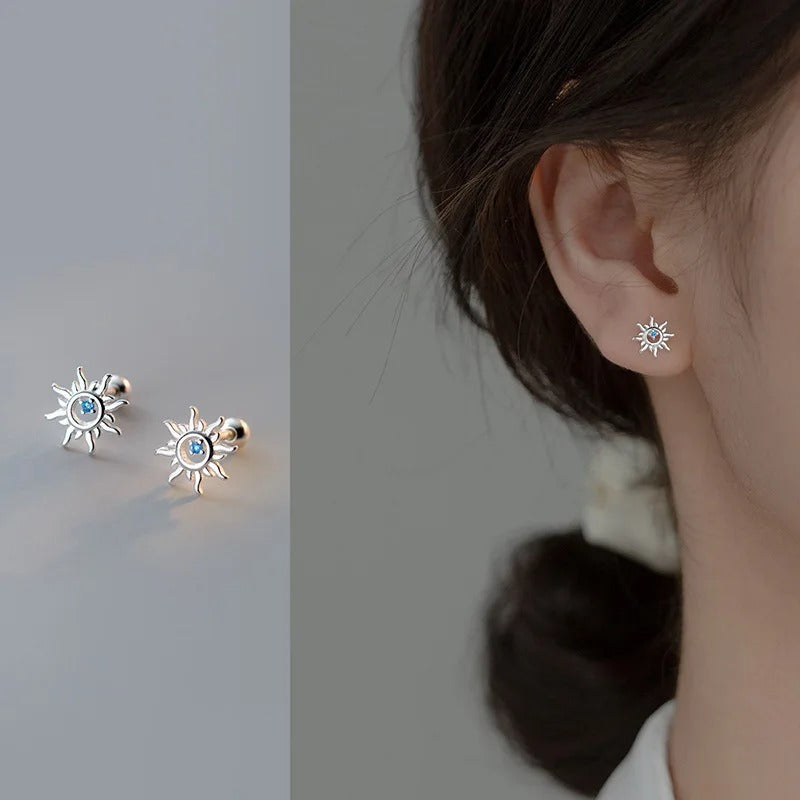 Sterling Silver Blue Zircon Sun Small Stud Earrings For Women Piercing Elegant High Fine Jewelry Best Selling