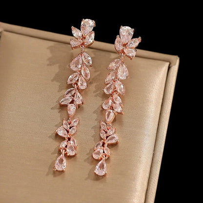 Long Wedding CZ Flower Dangle Earrings Women Jewelry
