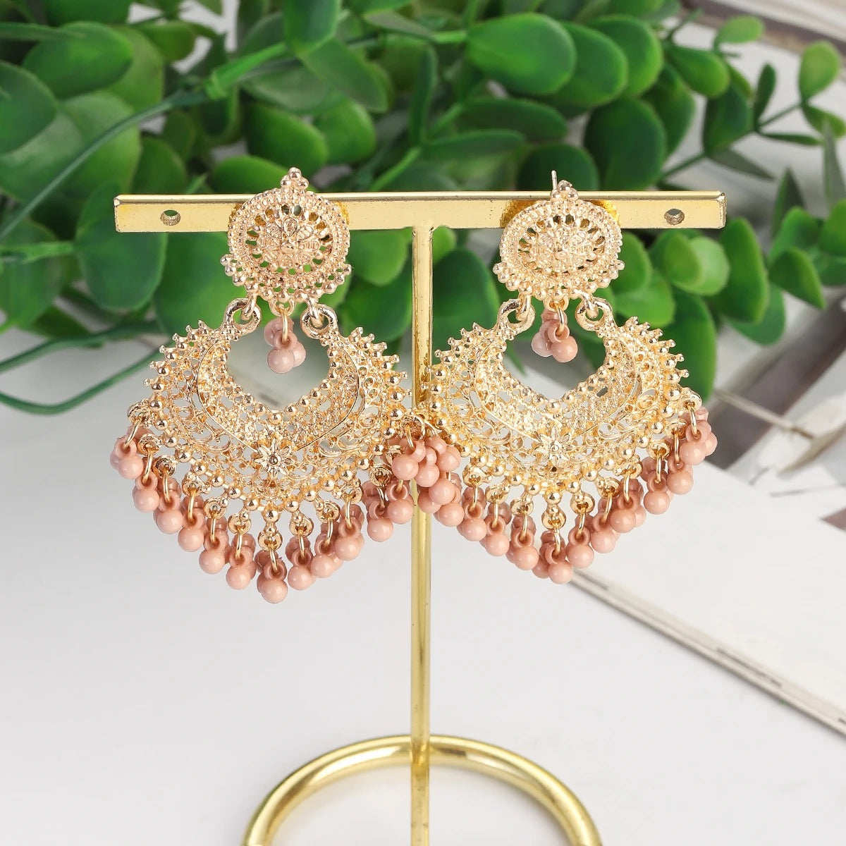 Gold Heart Flower Dangle Earrings with Pink Beads Women