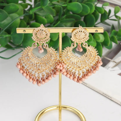 Gold Heart Flower Dangle Earrings with Pink Beads Women