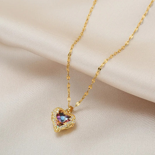 Top Luxury Colorful Crystal Ocean Heart Pendant Necklace For Women Trendy Stainless Steel Jewelry Female Wedding Neck Chain