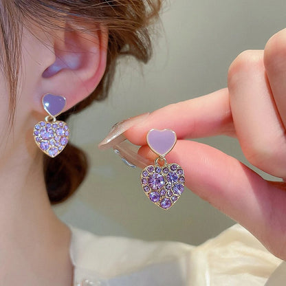 Cute Purple Heart Drop Earrings Women Crystal Rhinestone Jewelry