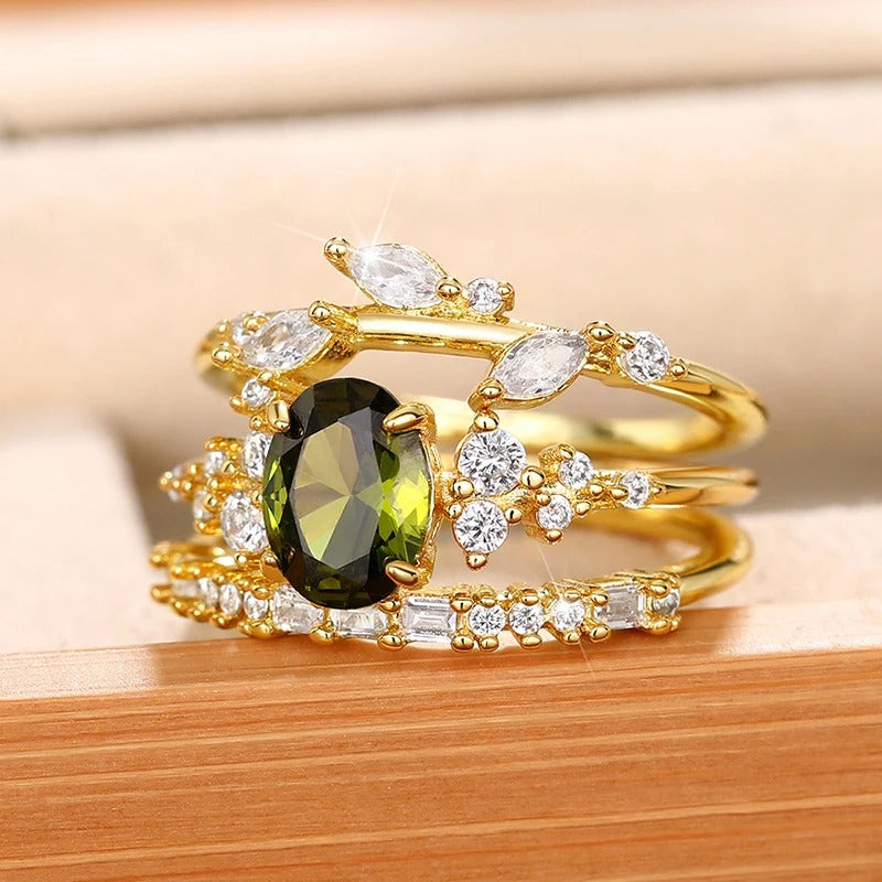 3-Piece Women’s Rings Set Olive Green CZ Gold Color Wedding Jewelry