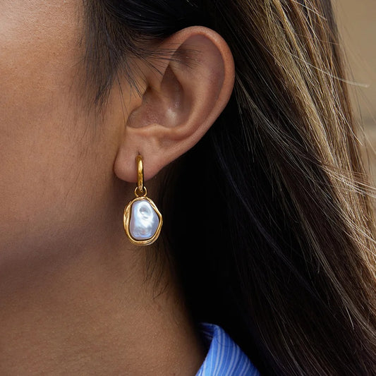 Ars Imitation Pearl Dangle Hoop Earrings 18K Gold Plated Stainless Steel Huggie Earrings for Women