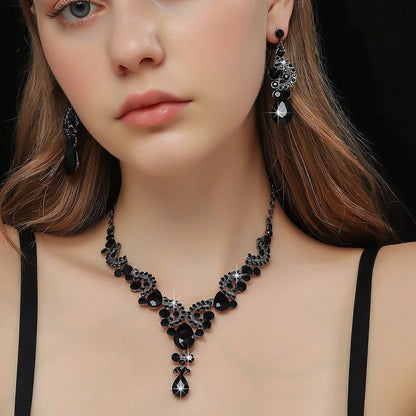Black Water Drop Crystal Necklace Earrings For Women Wedding Bride Jewelry Sets