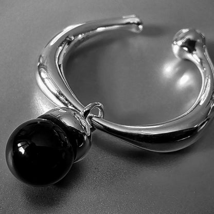 925 Sterling Silver Adjustable Black Ball Tassel Ring Women Men