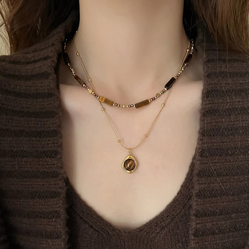 Layered Tiger Eye Stone Pendant Necklace For Women Stainless steel Double-Layer Collarbone Chain Sets Jewelry