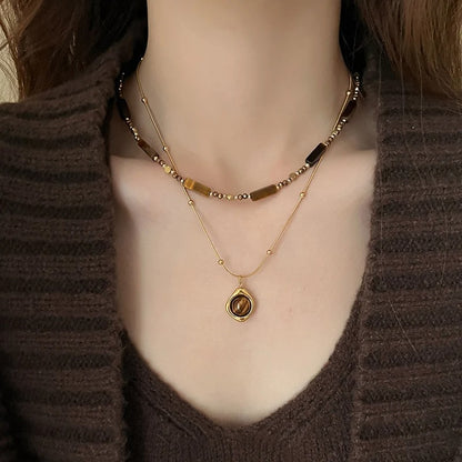 Layered Tiger Eye Stone Pendant Necklace For Women Stainless steel Double-Layer Collarbone Chain Sets Jewelry