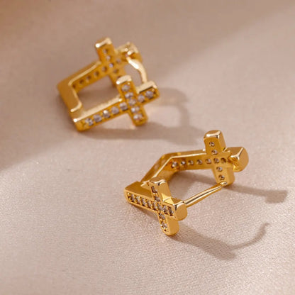 Women Stainless Steel Cross Hoop Earrings Small Geometric Punk Jewelry