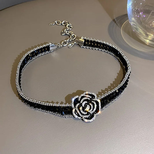 High Quality Handmade Black Crystal Choker Necklaces for Women Elegant Camellia Necklaces Wedding Banquet Jewelry