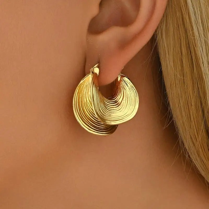 Geometric Fan-Shaped Earrings Gold Metal Statement Jewelry