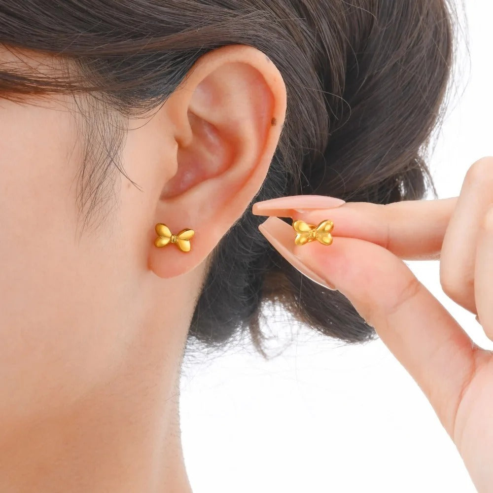 Gold Color Stainless Steel Bowknot Stud Earrings For Women Girls Mini Bow Earring Anniversary Party Ear Jewelry Gift