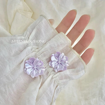 White & Purple Flower Stud Earrings Cute Acrylic Camellia