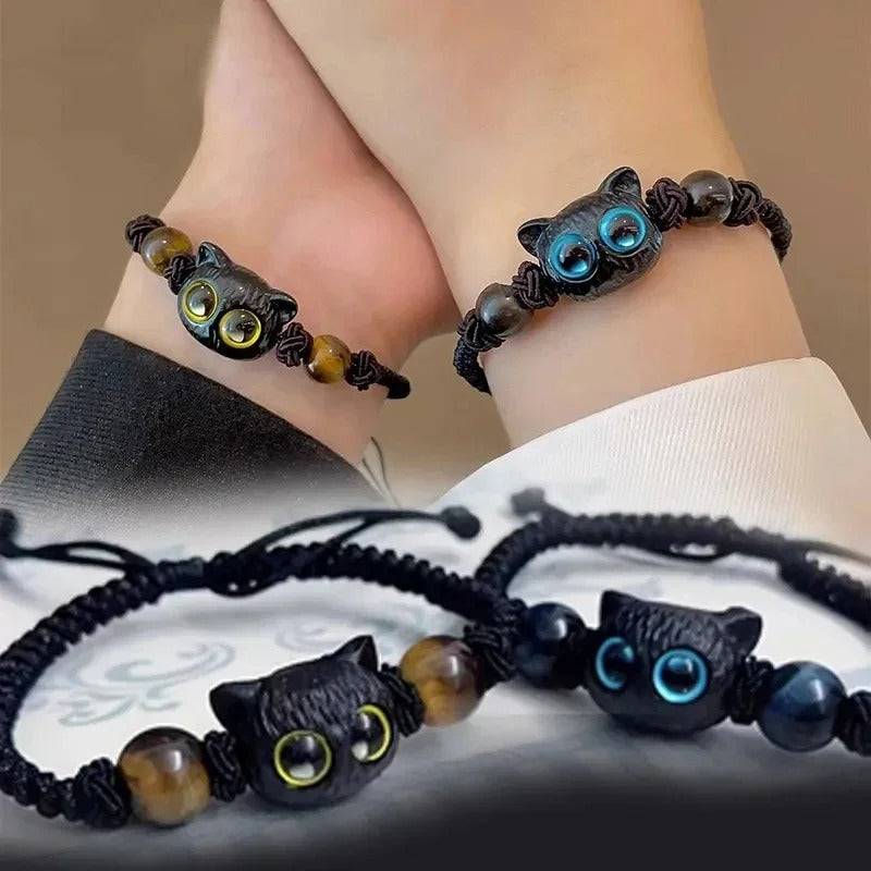 2PCS Black Cat Beaded Bracelets Women Men Handmade Jewelry