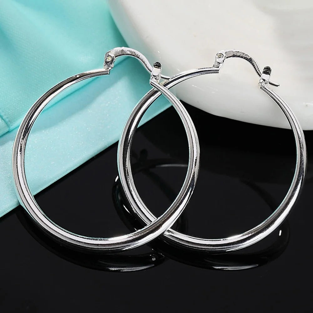 925 Sterling Silver 40mm Smooth Round Hoop Earrings For Women Wedding Party Elegant Luxury Quality Jewelry Accessories