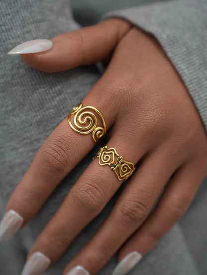 Stainless Steel Spiral Open Ring for Women – 18K Gold Plated Adjustable Waterproof Jewelry