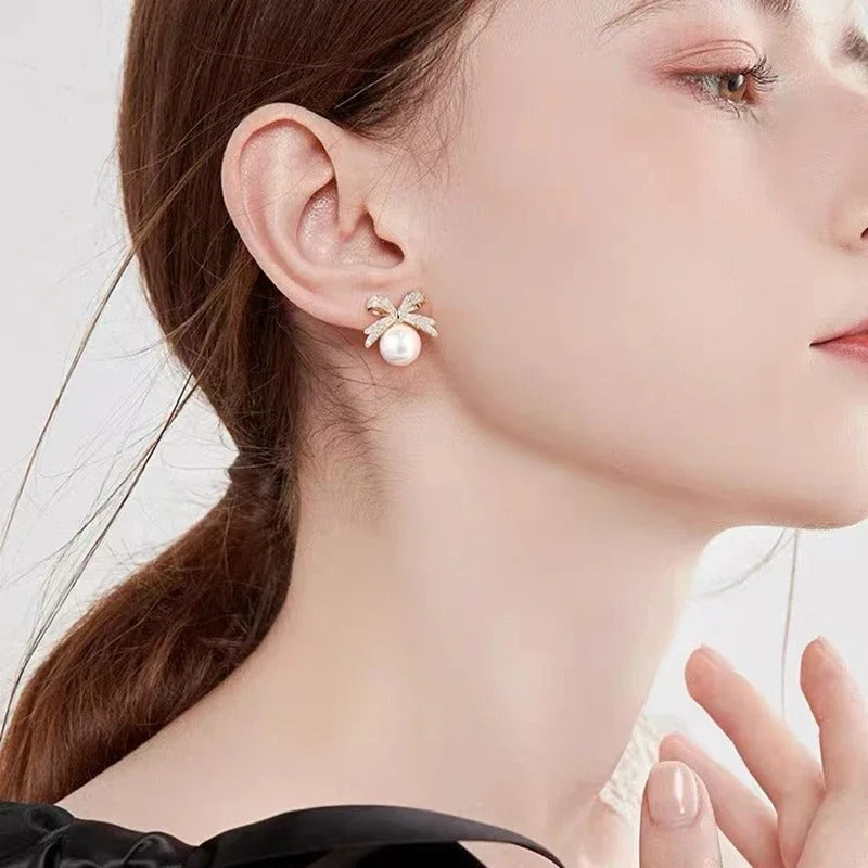 Elegant Micro Set Zircon Bowknot Pearl Pendant Earrings 2025 New Design Jewelry for Womens Girls Fashion Ear Accessories