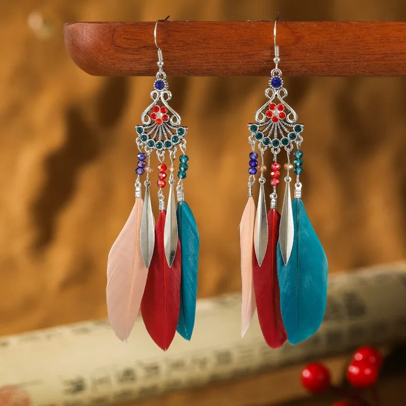 Ethnic Style Long Drop Crystal Beads Feather Earrings Women