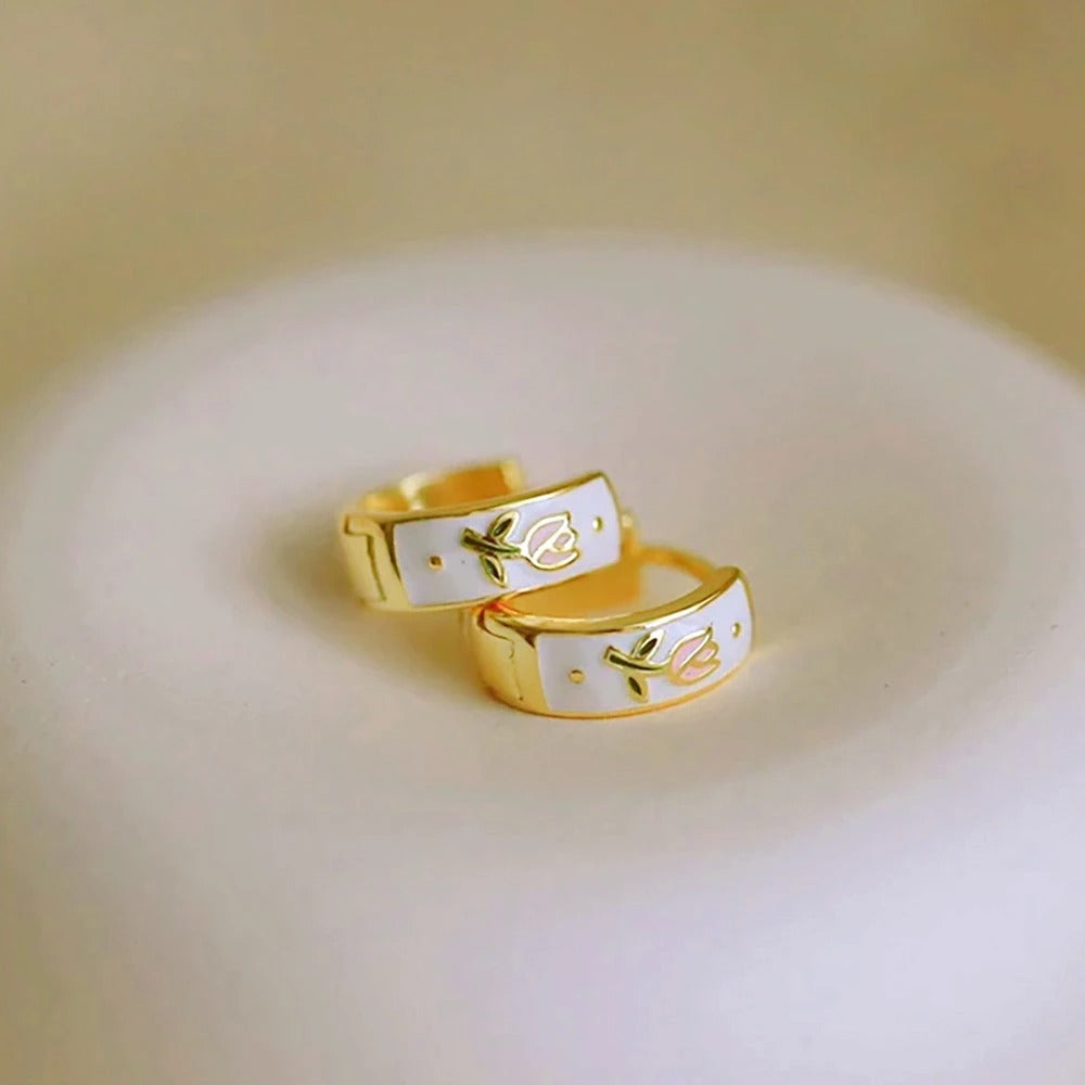 White & Pink Tulip Hoop Earrings Gold Plated Floral Jewelry