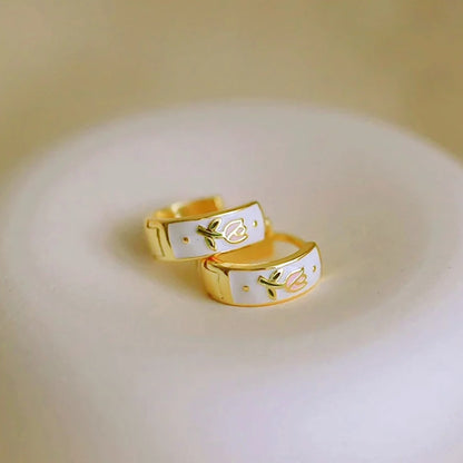 White & Pink Tulip Hoop Earrings Gold Plated Floral Jewelry