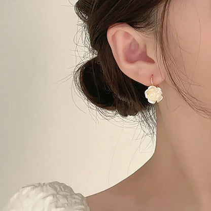 White Camellia Flower Dangle Earrings Women Elegant Summer Gift