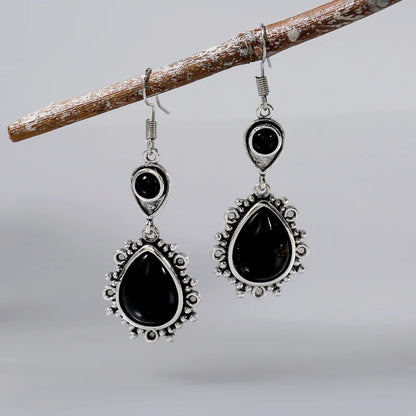 Vintage Black Stone Drop Earring Jewelry Triangle Hollow Ear Jewelry For Women Girls