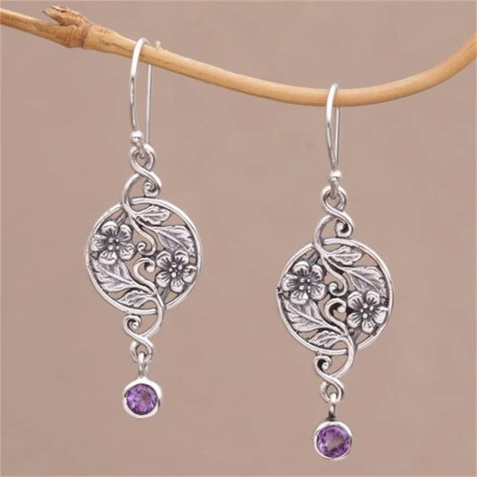 Elegant Flower Leaf Geometry Earrings Silver Purple Stone Drop Women