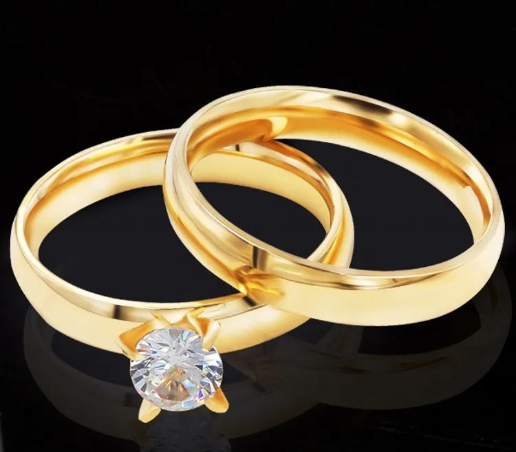 Fashion 2pcs/Set Single Zircon Charm Jewelry Gifts Ring Stainless Steel Gold Color Couple Rings