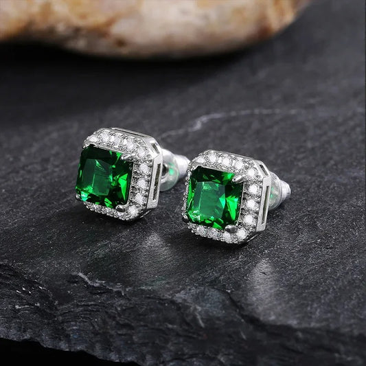 Women’s Emerald Green Square Earrings Double Stud 925 Silver Jewelry
