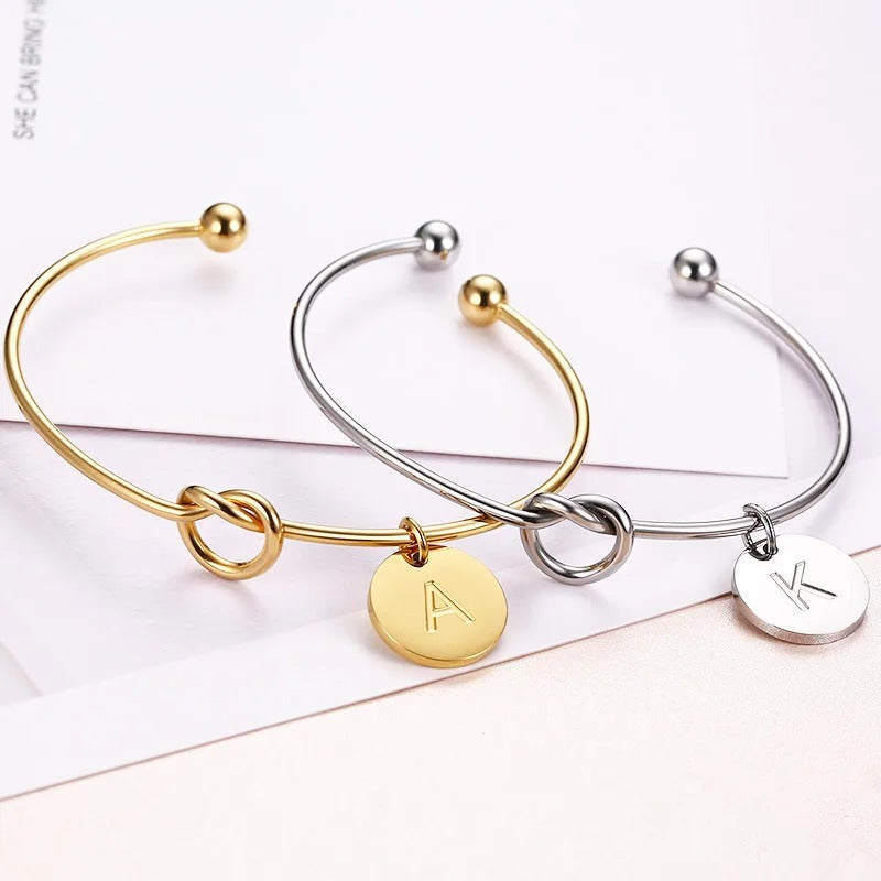 Trendy Initial Coin Charm Bangle for Women Men Lover Wife Stainless Steel Letter Cuff Bracelet Couple Jewelry