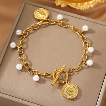 White Imitation Pearl Queen Pendant Bracelet Stainless Steel Women
