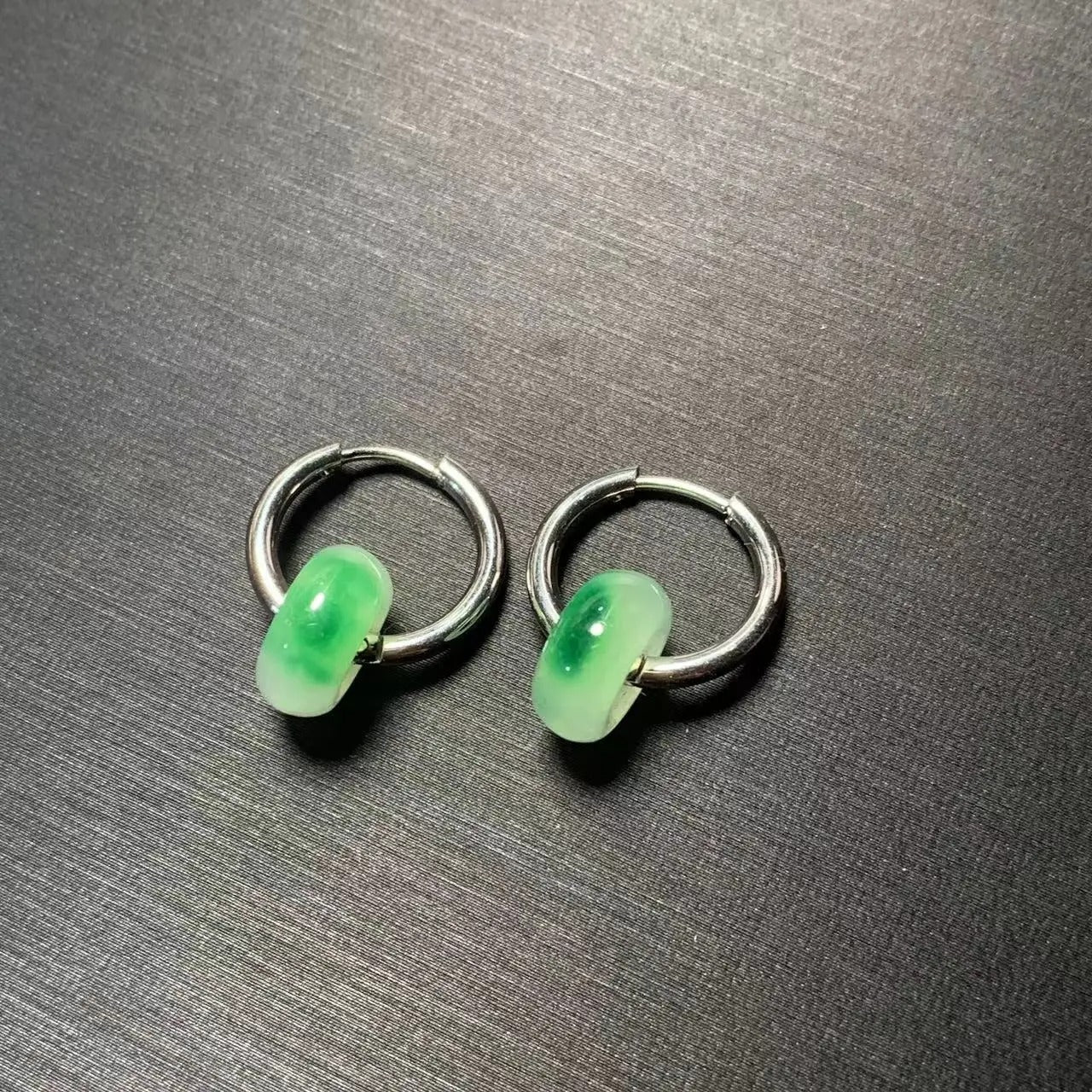 STONE Natural Green Jade Hoop Earrings Simple Classic Round Circle Gemstone Jewelry Handmade Stainless Steel