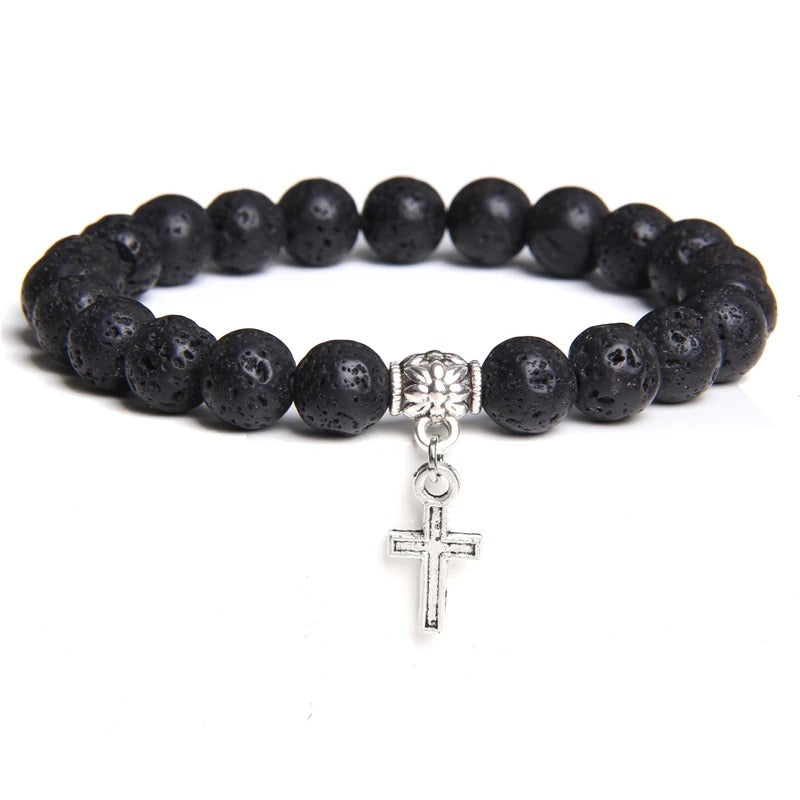 Men’s Trendy Silver Bead Bracelet with Cross Pendant & Natural Stone