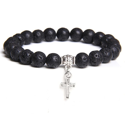 Men’s Trendy Silver Bead Bracelet with Cross Pendant & Natural Stone