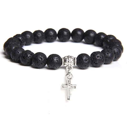 Men’s Trendy Silver Bead Bracelet with Cross Pendant & Natural Stone