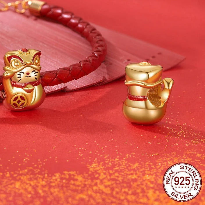 Solid Silver Lucky Cat Charm Beads Fit Original Bracelet & Necklace DIY