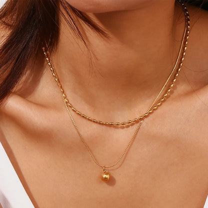 E.B.belle Simple Double-layer Rice bead Pendant Necklace 316L Stainless Steel Decoration 18K Gold Plated Jewelry