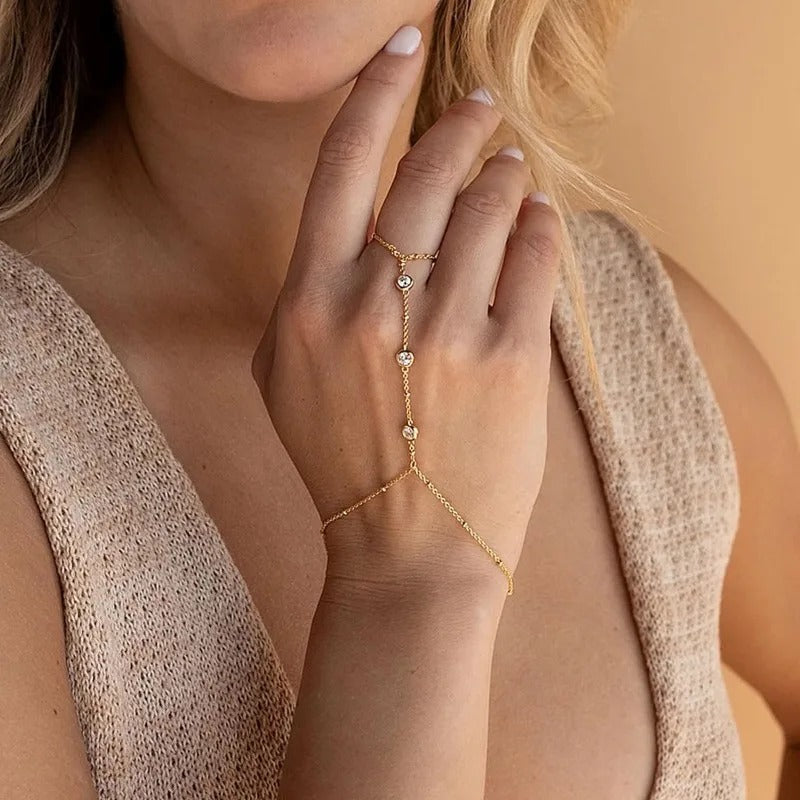 Hand Chain Ring Bracelet Jewelry for Women Girl Dainty 14k Gold Plated Trendy 2025 Summer Adjustable Chain Zircon Finger Ring