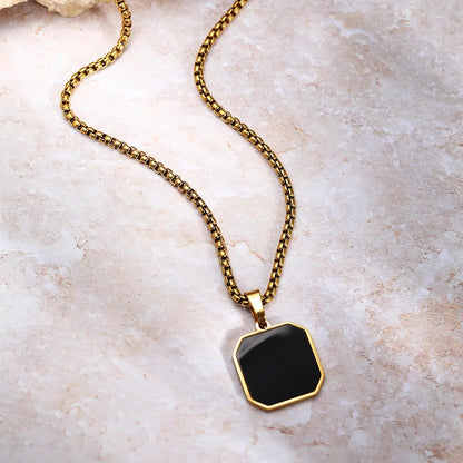Stainless Steel Black Geometric Square Pendant Necklace Men And Women Design Sense Temperament Sweater Chain Jewelry