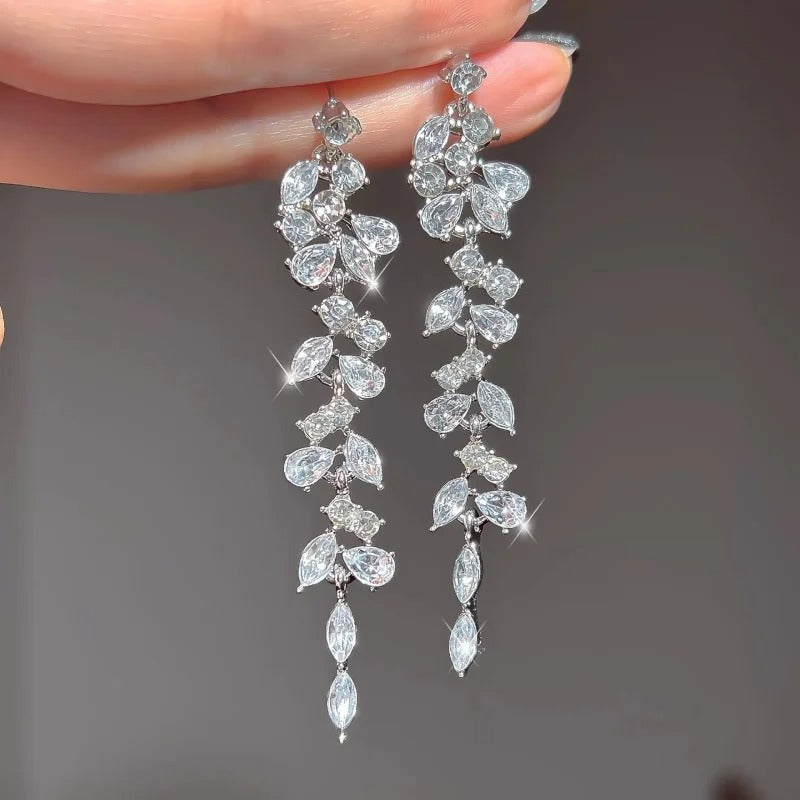 Silver Maple Leaf Zircon Tassel Long Earrings for Women