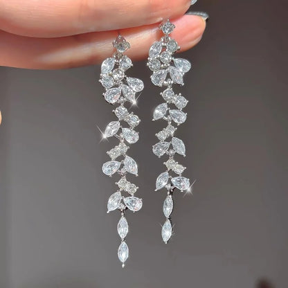 Silver Maple Leaf Zircon Tassel Long Earrings for Women