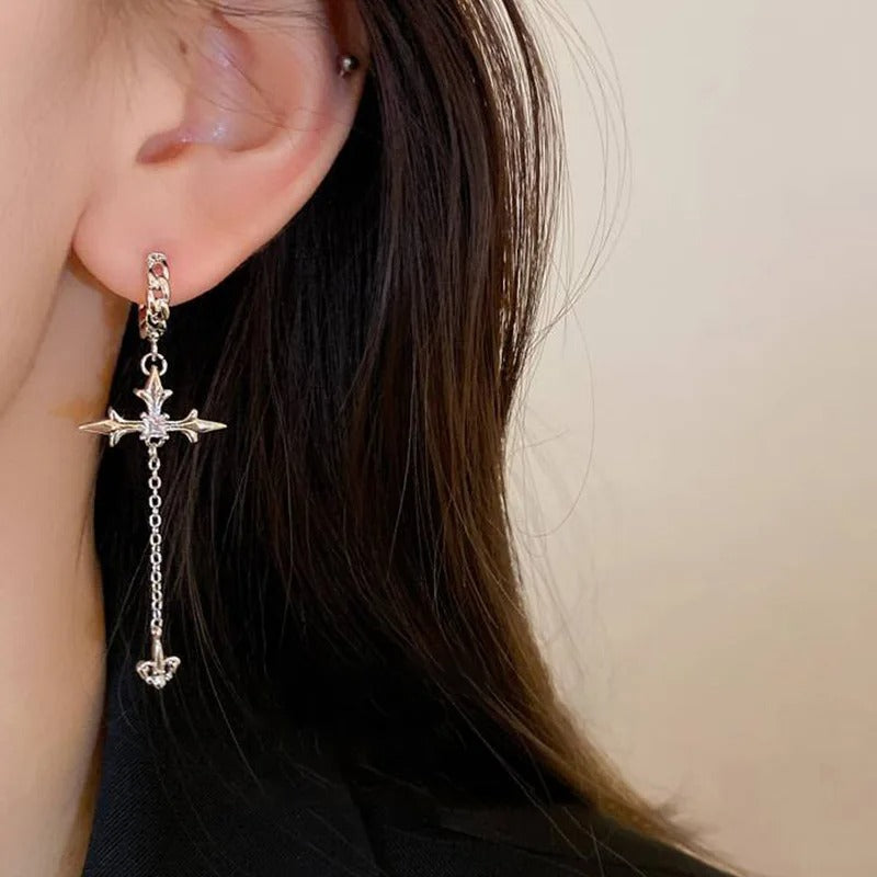 Cool Cross Earrings Rhinestone Zircon Long Tassel Y2K Jewelry for Girls