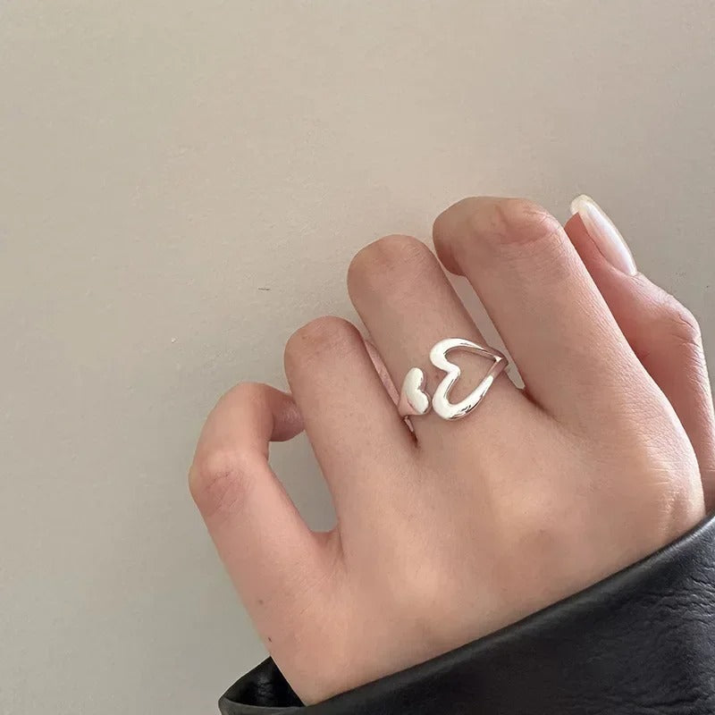 Real 925 Sterling Silver Hollow Heart Opening Adjustable Rings for Women Cute Fine Jewelry Minimalist Asymmetric Accessories