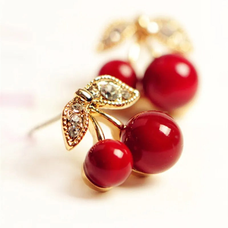 Cute Red Cherry Earrings Rhinestone Leaf Bead Earstuds for Women