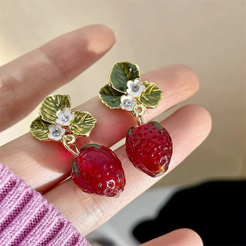 3D Strawberry Fruit Earrings with Green Leaves for Girls
