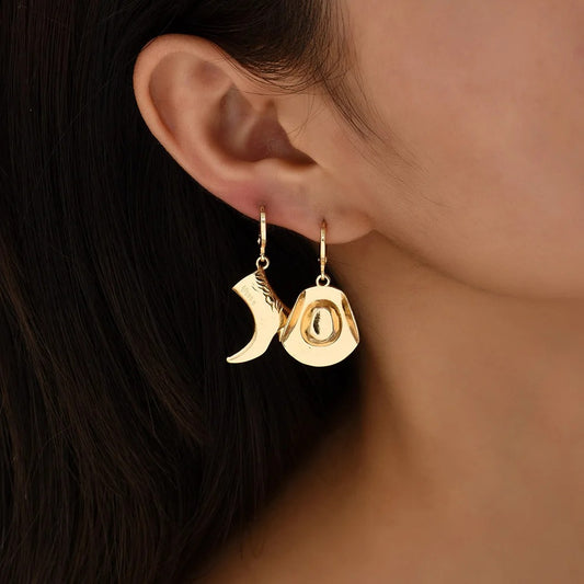 Punk Western Cowboy Hat & Boot Earrings Gold Plated Asymmetric Hoop Charms for Unisex Rock Style