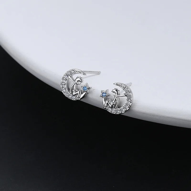 Petite Moon Zircon Stud Earrings Silver Color Women Jewelry