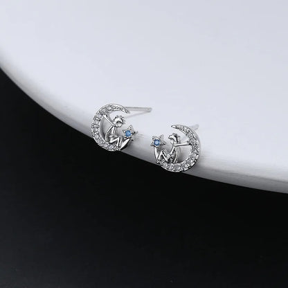 Petite Moon Zircon Stud Earrings Silver Color Women Jewelry