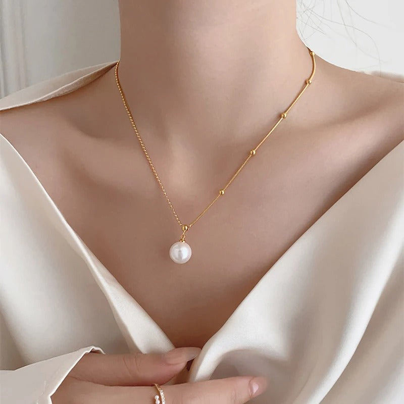 New Stainless steel Bead Chain Splicing Pearl Pendant Necklace For Womens sexy Collarbone Chain Fashion Accessories Jewelry