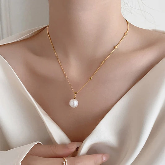 New Stainless steel Bead Chain Splicing Pearl Pendant Necklace For Womens sexy Collarbone Chain Fashion Accessories Jewelry